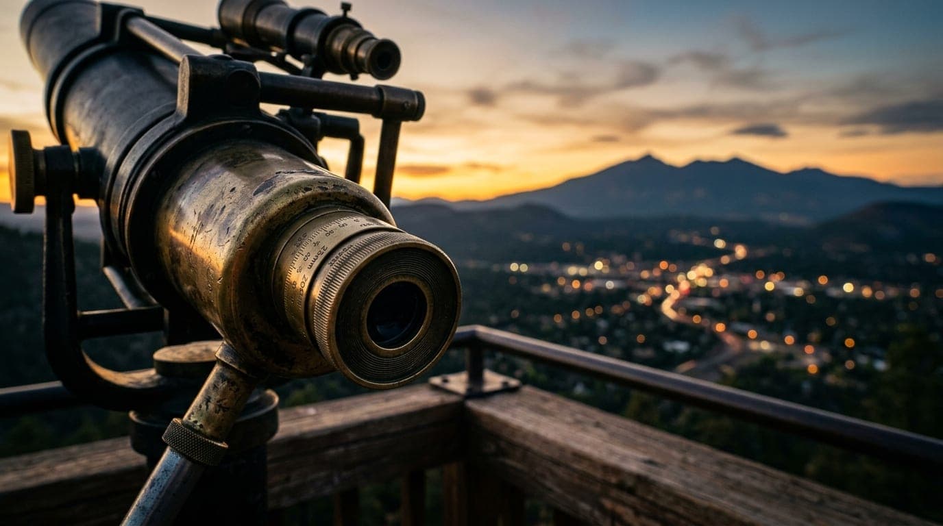 Extreme macro tilt-shift focus on a weathered brass telescope eyepiece at Lowell Observatory, framing the blurred, golden-...