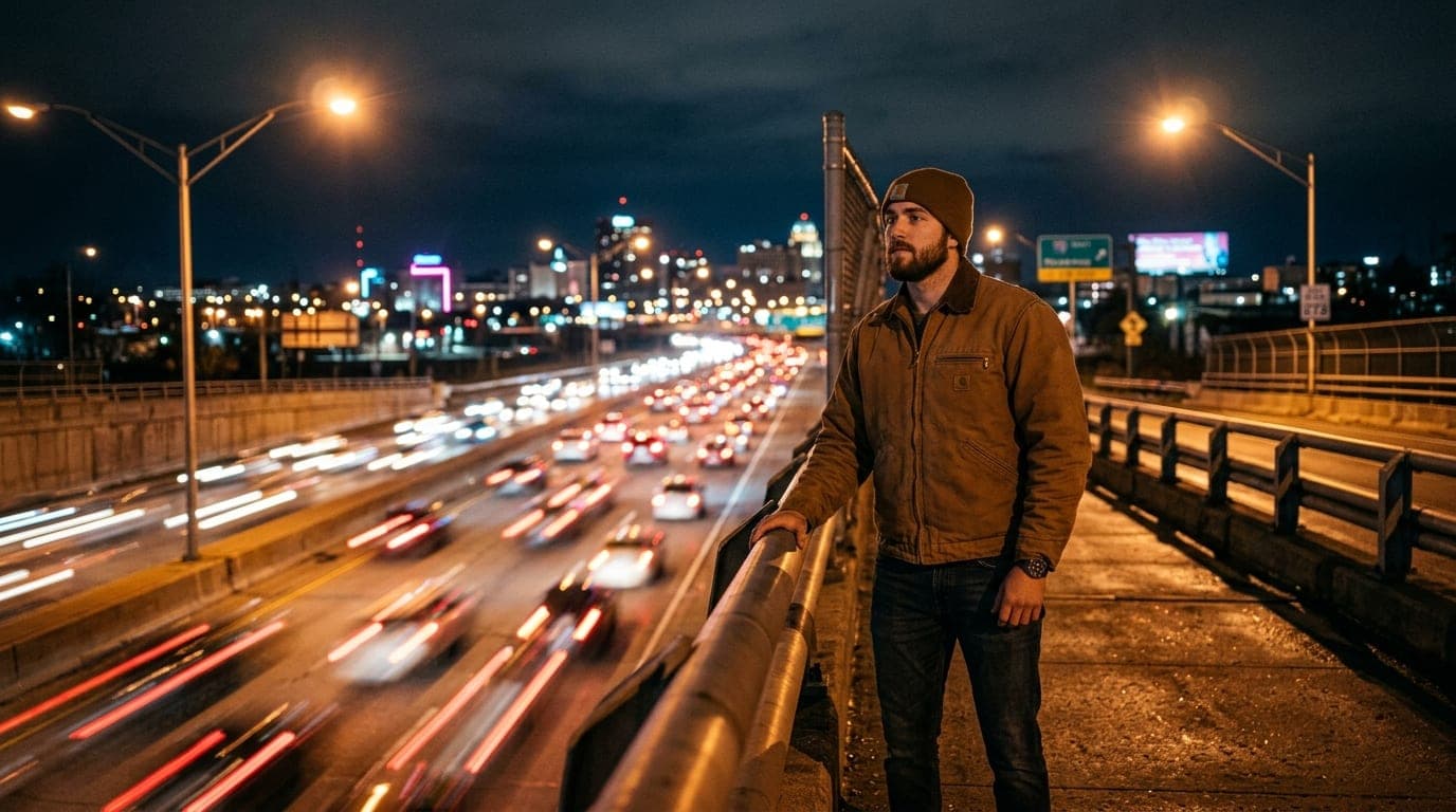 Low-angle hero shot of a person in a rugged Carhartt jacket standing on a dimly lit I-75 overpass at midnight, blurred hig...