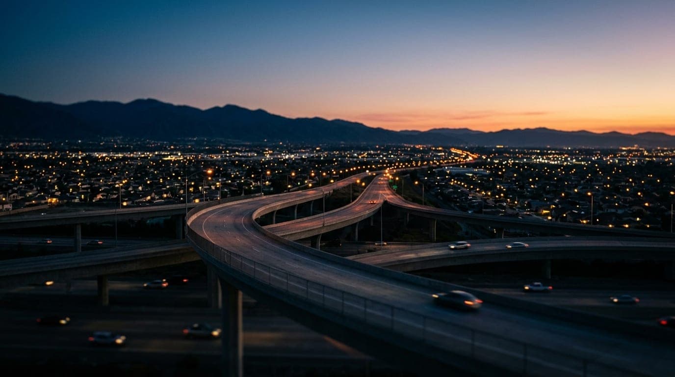 A sharp, tilt-shift close-up of a concrete freeway interchange overpass at dusk, where leading lines of orange highway lig...