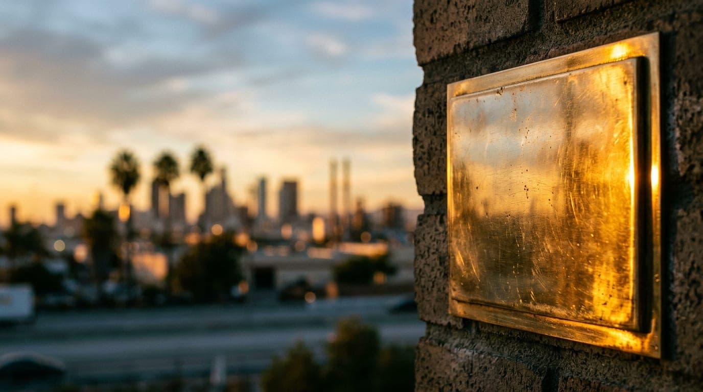 An extreme macro shot captures the glint of amber sunlight hitting the polished brass signage of an Auto Club Speedway are...