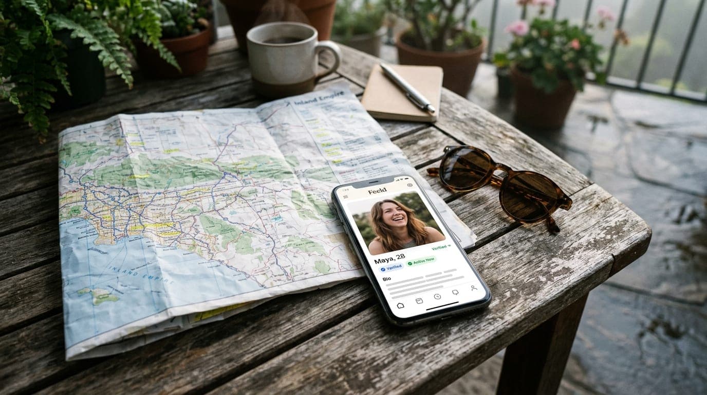 An overhead flat-lay on a weathered patio table shows a crumpled map of the Inland Empire, a pair of sunglasses, and an op...