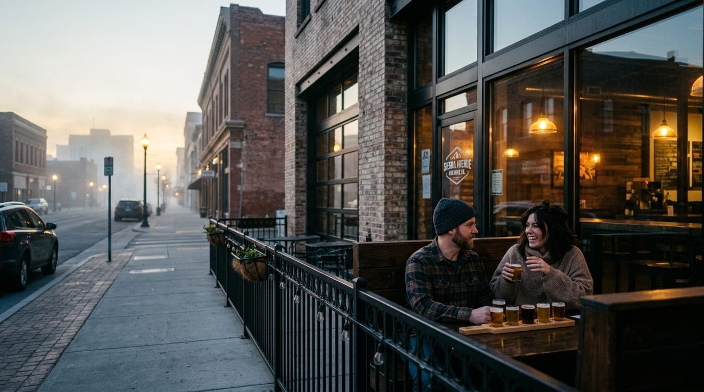 Wide 35mm establishing shot of a dimly lit brewery patio along Sierra Avenue at night. A couple sits in a booth, offset ri...