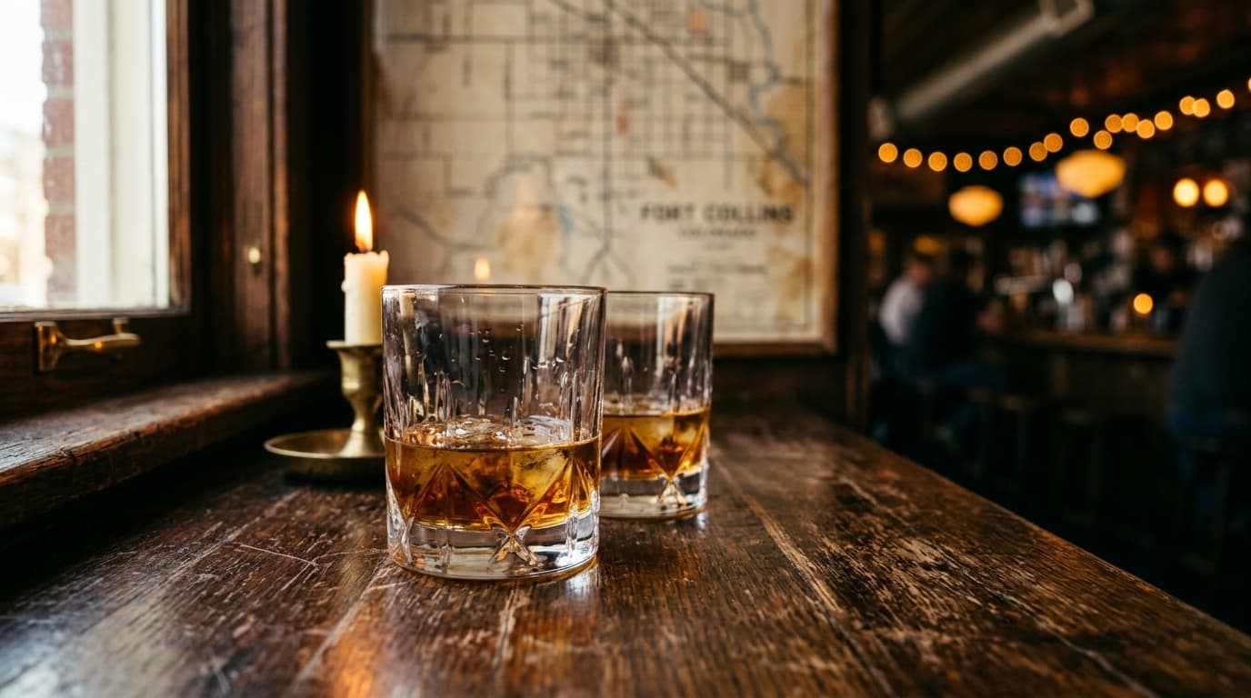 A 100mm macro shot captures two half-full whiskey glasses on a rustic wooden bar top. Behind them, blurred ambient light f...