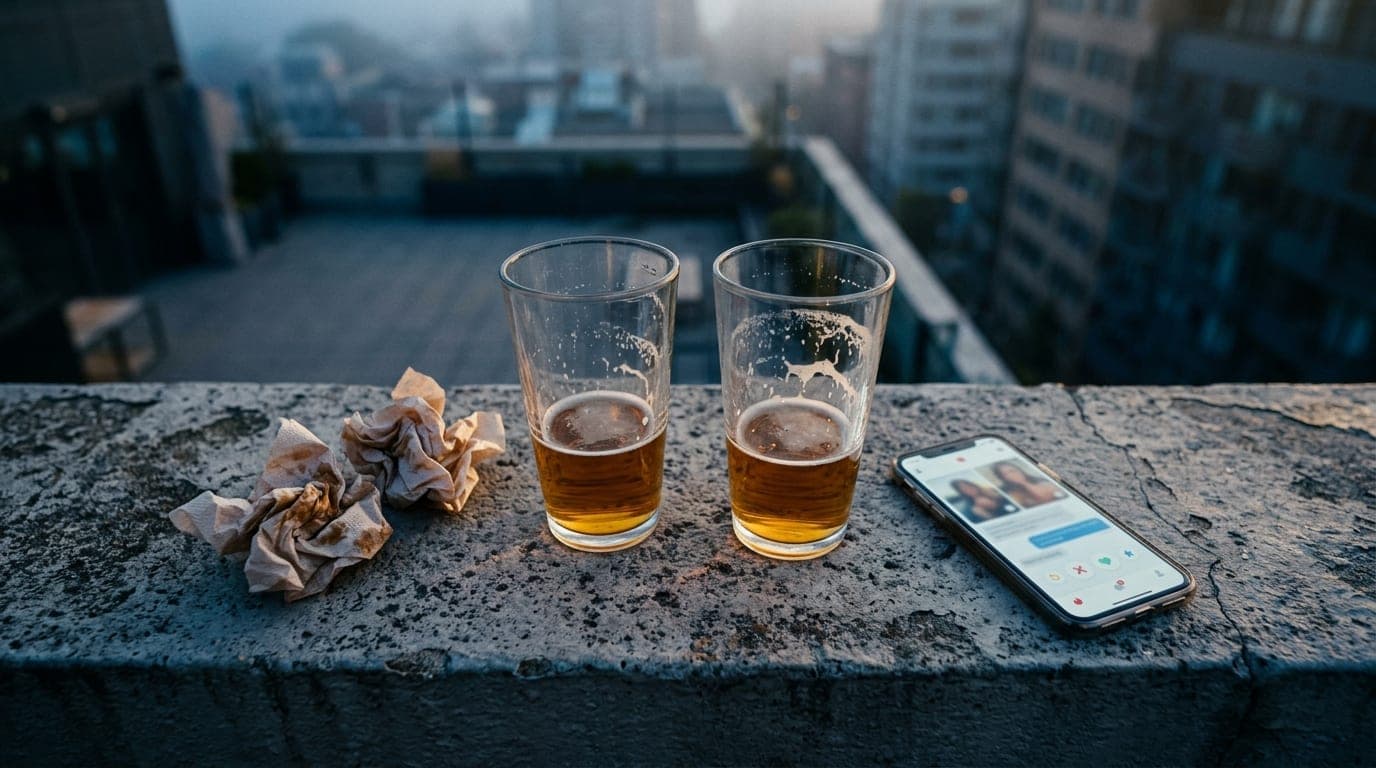 Overhead flat-lay on a weathered outdoor concrete ledge at The Exchange. A pair of crumpled street taco napkins, two half-...