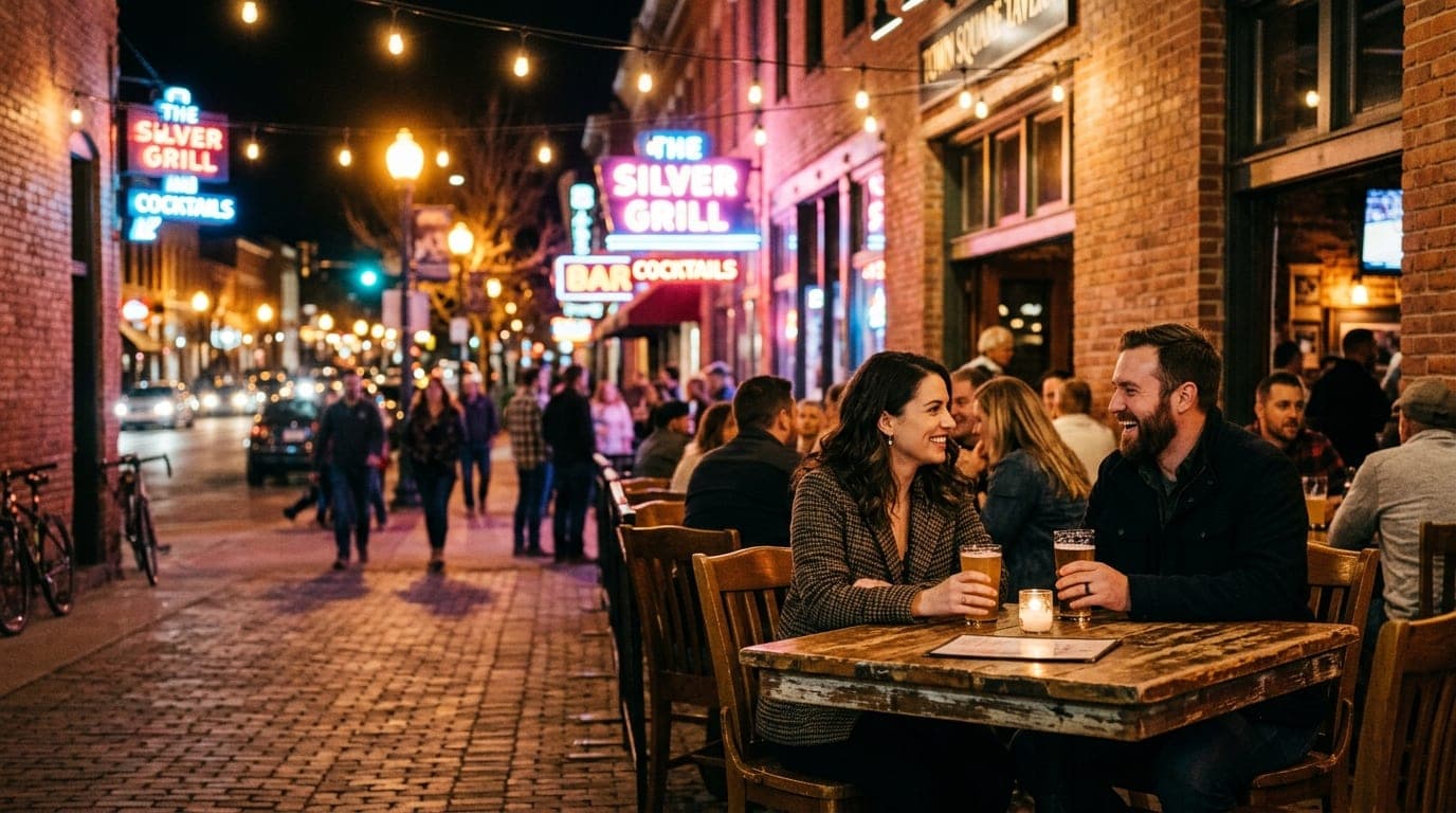 A wide 35mm documentary shot at night. A couple sits at a rustic outdoor table in Old Town Fort Collins, illuminated by wa...