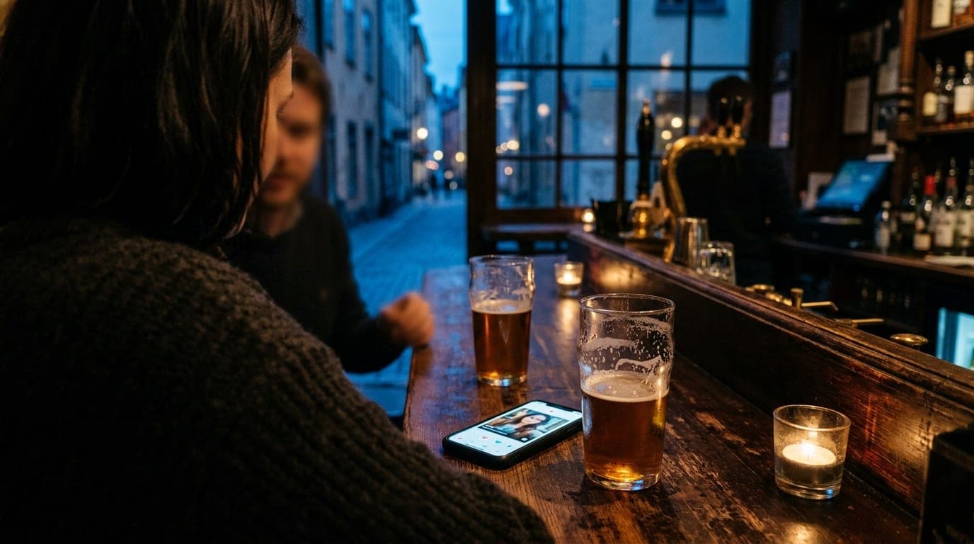 Over-the-shoulder view at a dimly lit Old Town bar, focusing on two half-poured amber craft beers, a smartphone screen sho...