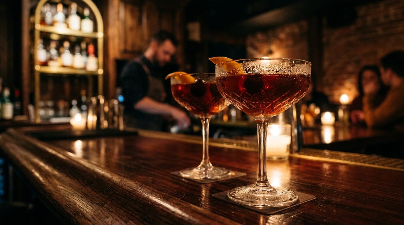 A low-angle shot from inside a dimly lit speakeasy bar, featuring two crystal coupe glasses filled with dark cocktails, re...