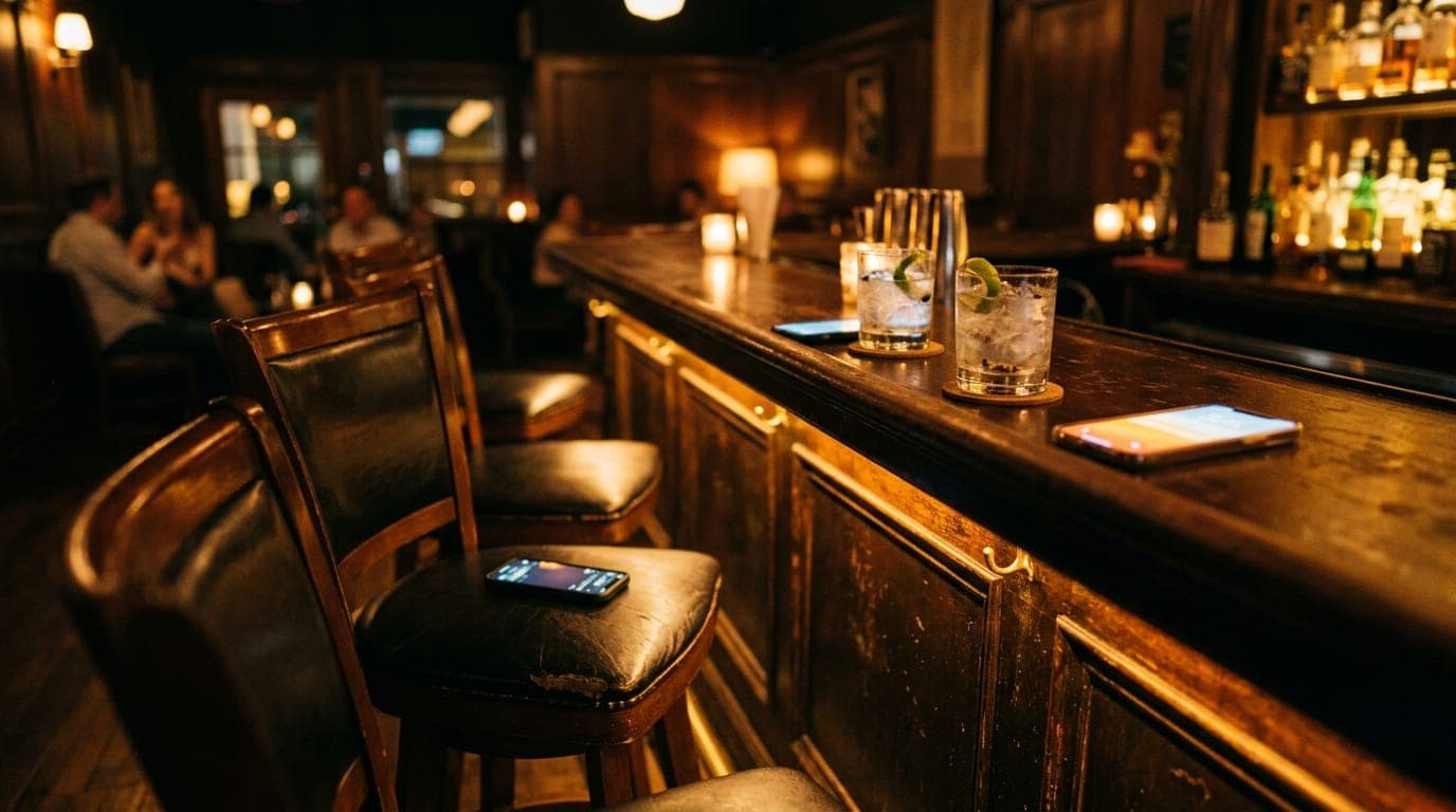 A low-angle shot inside a dimly lit Wilton Manors lounge. Two leather bar stools face an amber-lit mahogany bar, each hold...
