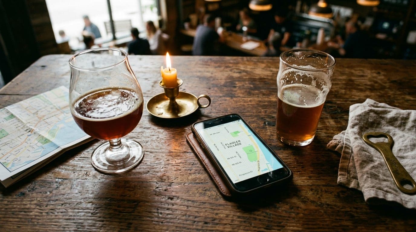 An overhead flat-lay of a rustic wooden table at a craft beer market. Two half-poured amber ales flank a smartphone displa...