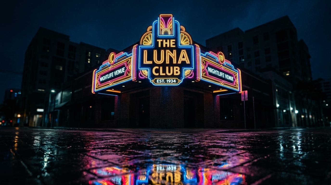 A low-angle, macro-detailed hero shot of the neon-lit, art-deco signage atop a Flagler Village nightlife venue at midnight...
