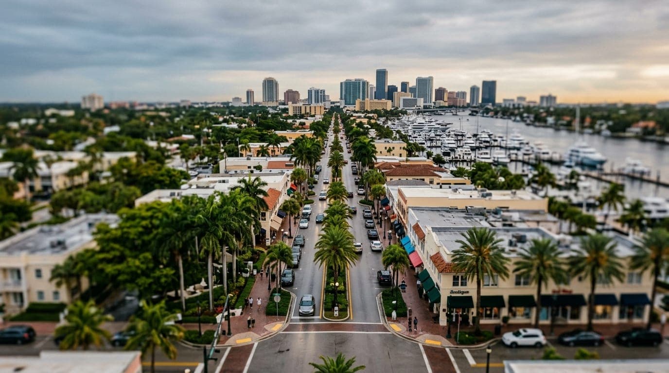 An overhead tilt-shift shot of the Las Olas Boulevard corridor during an overcast morning, with leading lines of tropical...