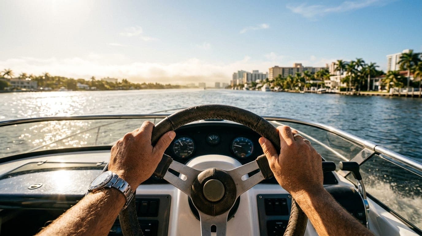 A close-up, centered shot of a person’s hands resting on the leather wheel of a motorboat, navigating the Intracoastal. Br...
