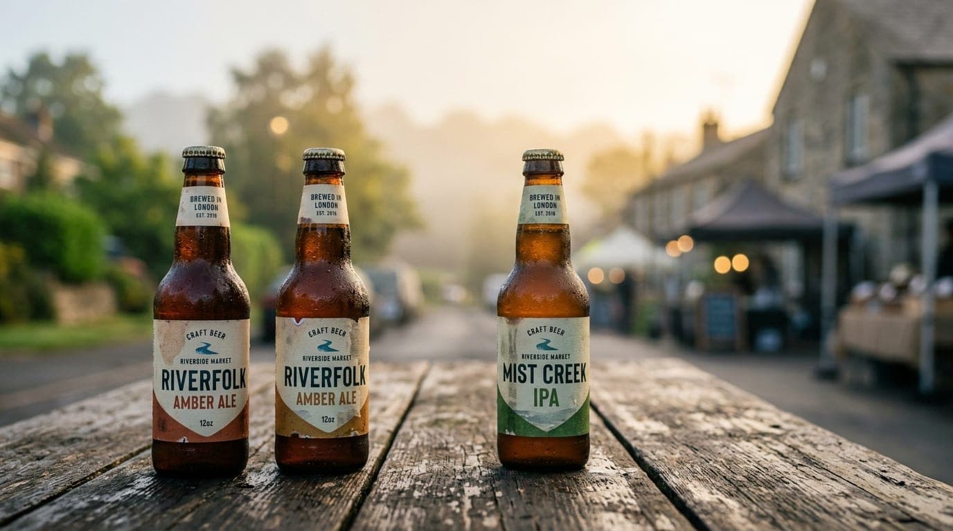 An extreme close-up of two chilled craft beer bottles resting on a weathered wooden table at Riverside Market during golde...