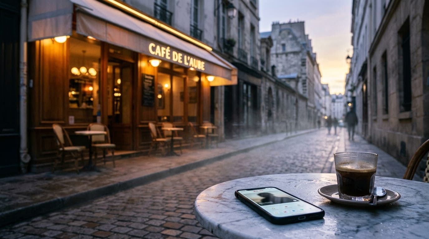 A wide 50mm shot of a glowing, dimly lit sidewalk café at night. A lone smartphone rests on a marble bistro table, display...