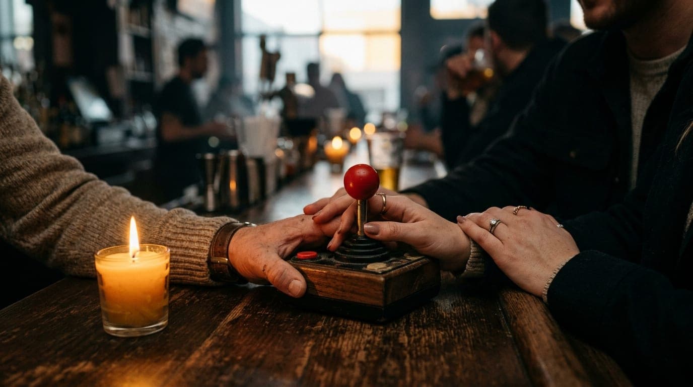 A medium shot of a vintage arcade joystick held by two hands, illuminated by the warm, flickering glow of a nearby candle...