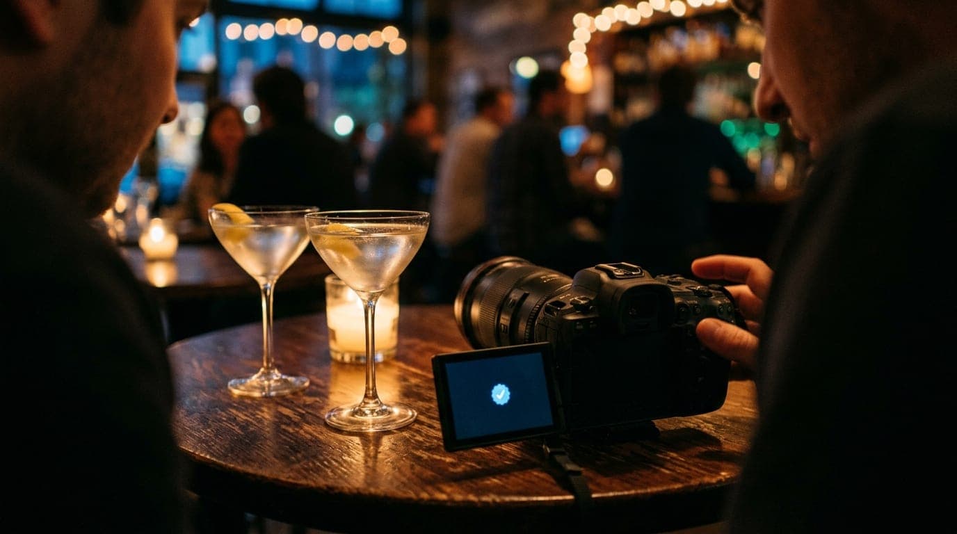 A dimly lit West Central bistro bar at dusk, captured with a 100mm macro lens. A professional-grade digital camera sits be...