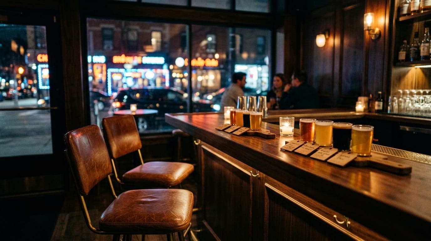 A low-angle, tilt-shift shot at The Landing. Two leather barstools face a polished wooden counter holding two craft beer f...