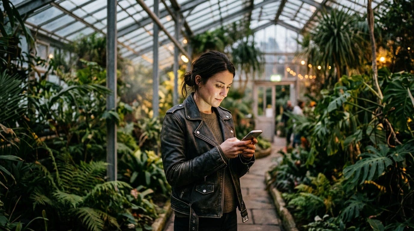 Medium shot, tilt-shift focus. A woman in a dark leather jacket stands inside the lush, humid Botanical Conservatory. Her...