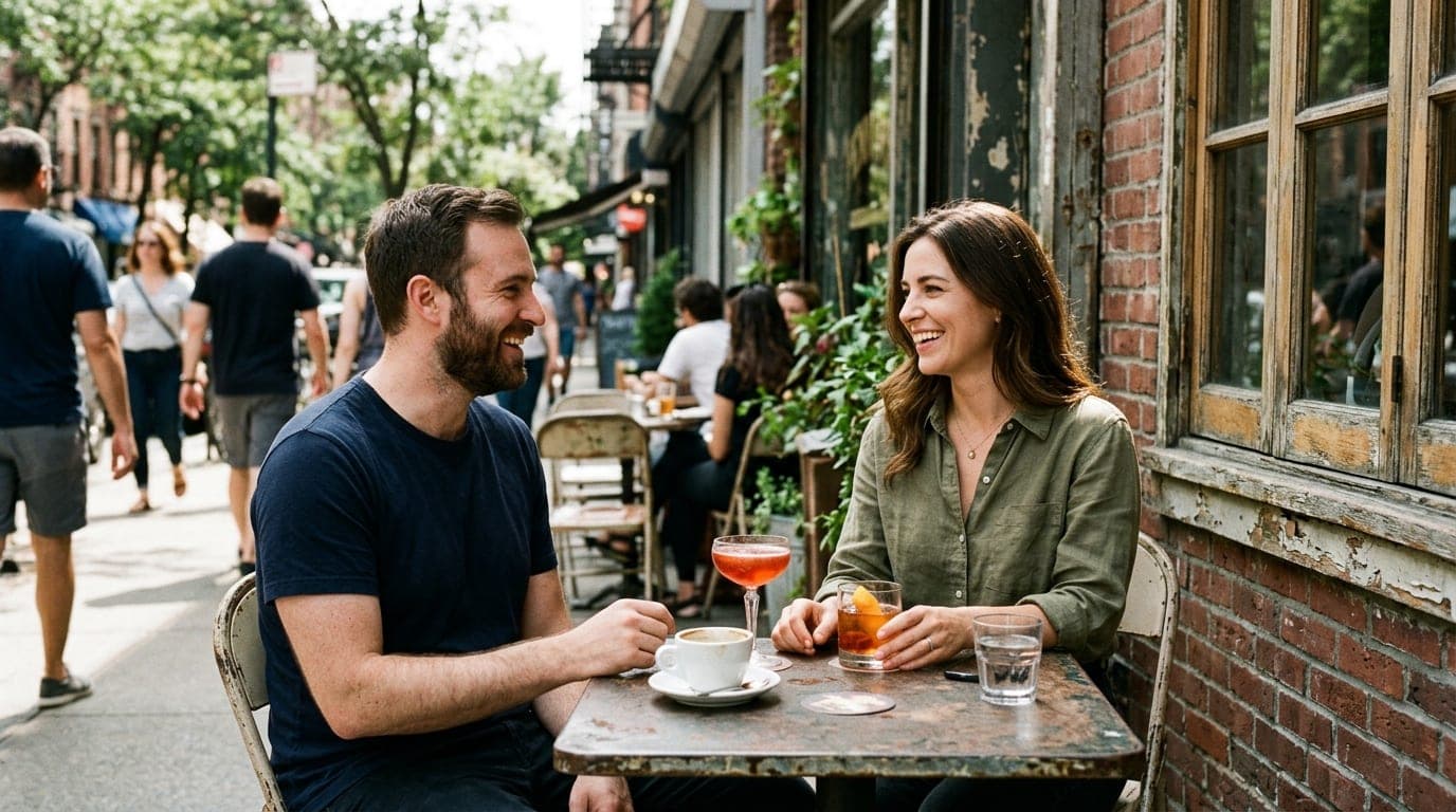 A couple sits at an outdoor bistro table at Penny Drip. She wears a linen button-down, he wears a cotton tee. Noon light s...