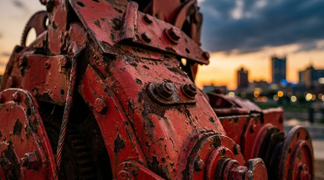 An extreme macro shot captures the intricate, weathered texture of a red metal dynamo sculpture at The Landing, illuminate...