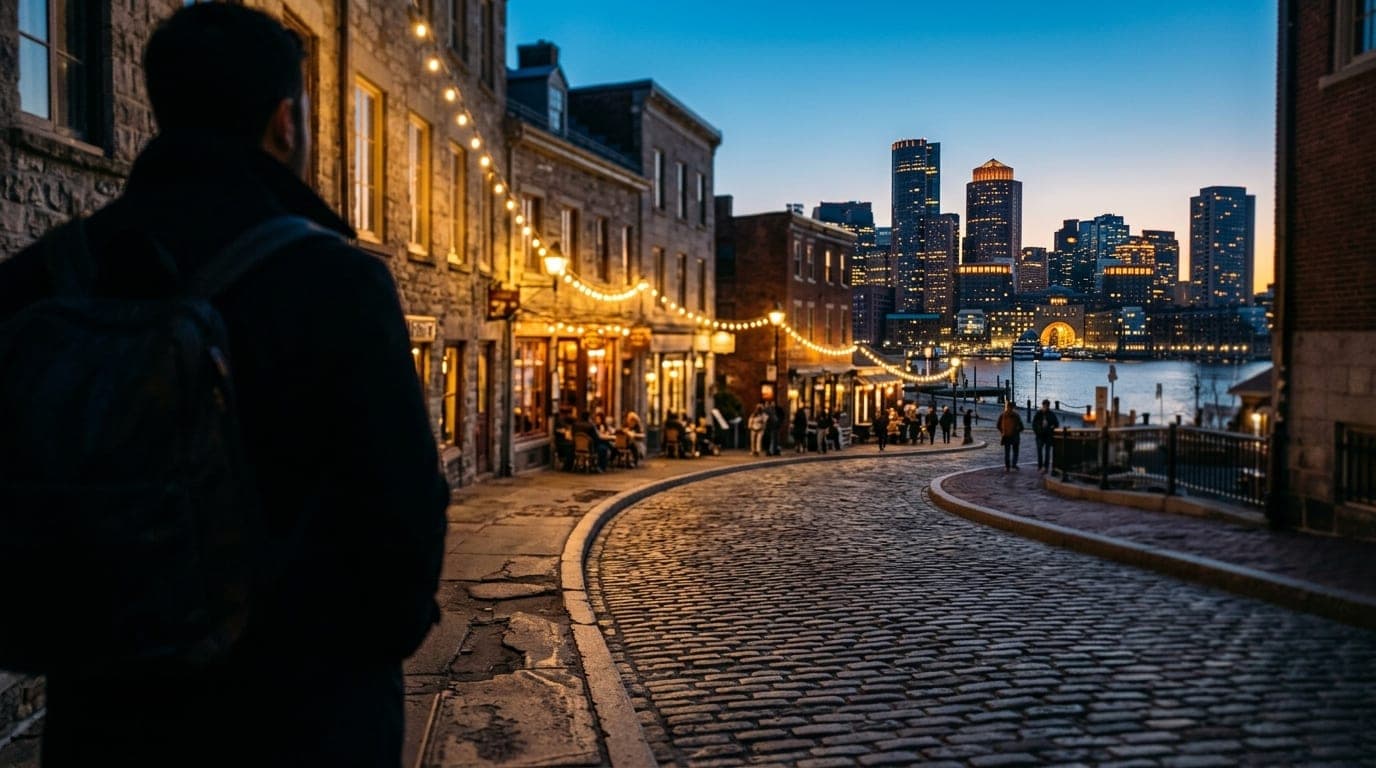 A sharp, tilt-shift focus captures the cobblestone curve of The Landing at dusk, with street-side bistro lights creating l...