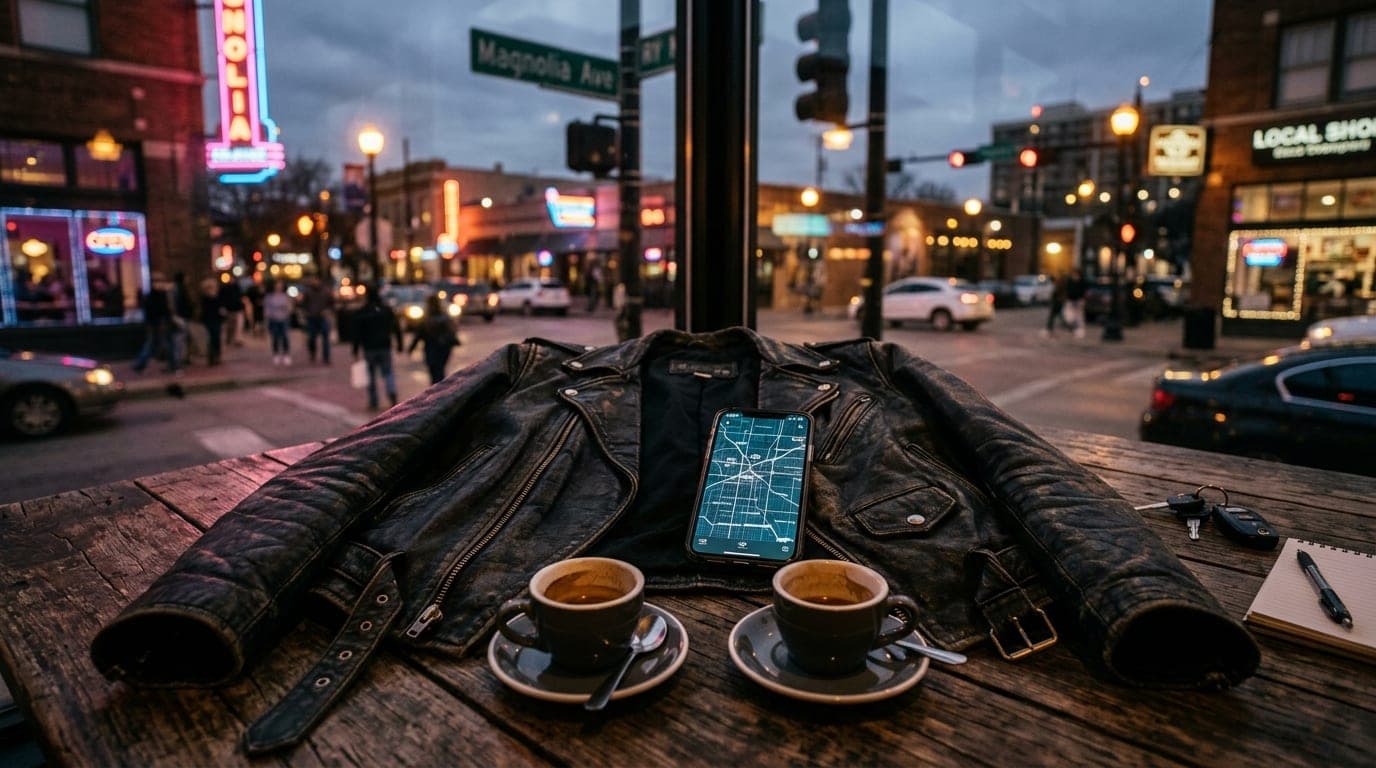 An overhead flat-lay of a leather jacket, a smartphone displaying a map of the 76107 zip code, and two half-finished espre...