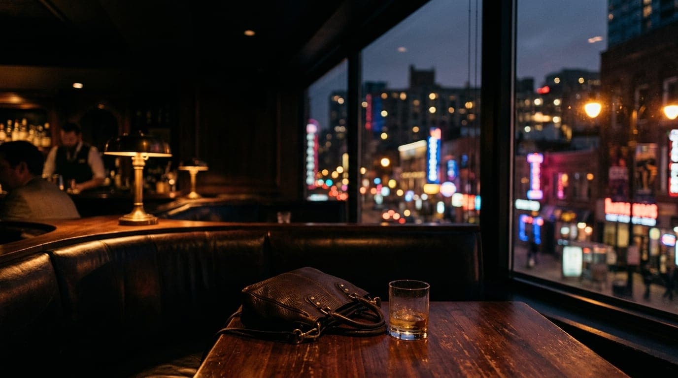 A wide shot from the dark, intimate corner of a speakeasy booth. A leather handbag and a single, half-empty rocks glass si...