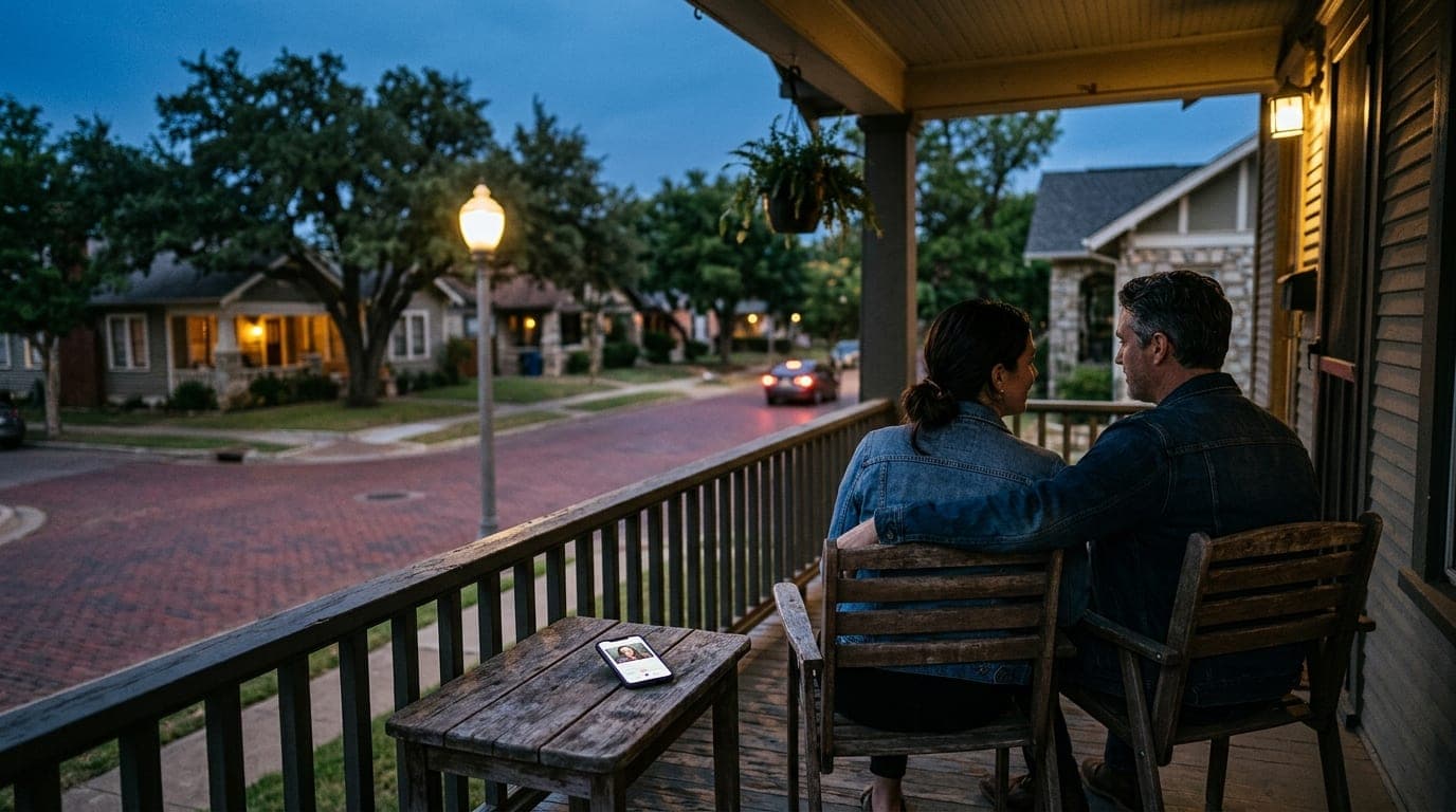 A couple in denim jackets sits on a Fairmount bungalow porch at blue hour. A phone screen glowing with a profile sits on a...