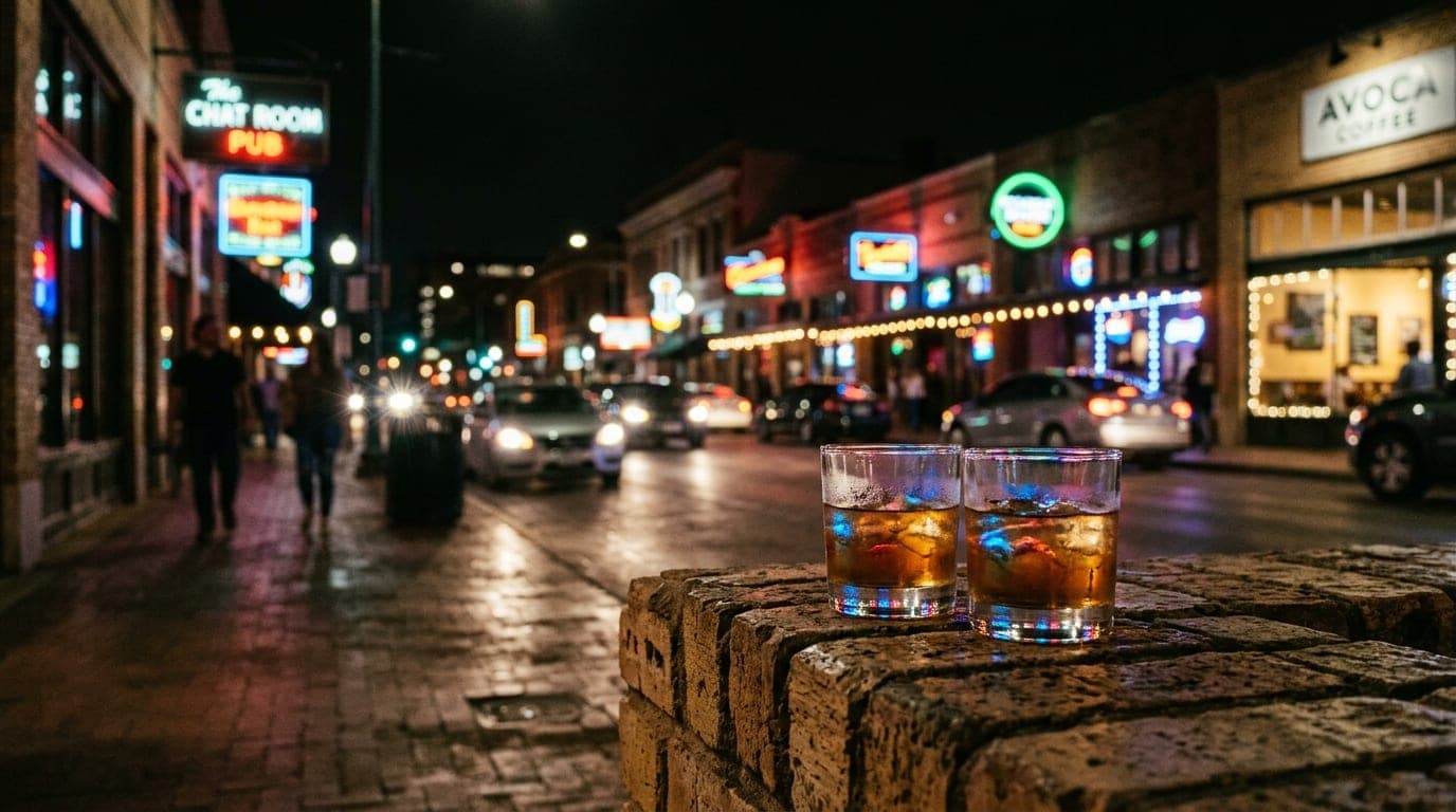 Low-angle, 35mm shot at midnight. A pair of neon-lit glass cocktail tumblers rests on a worn brick ledge on Magnolia Avenu...