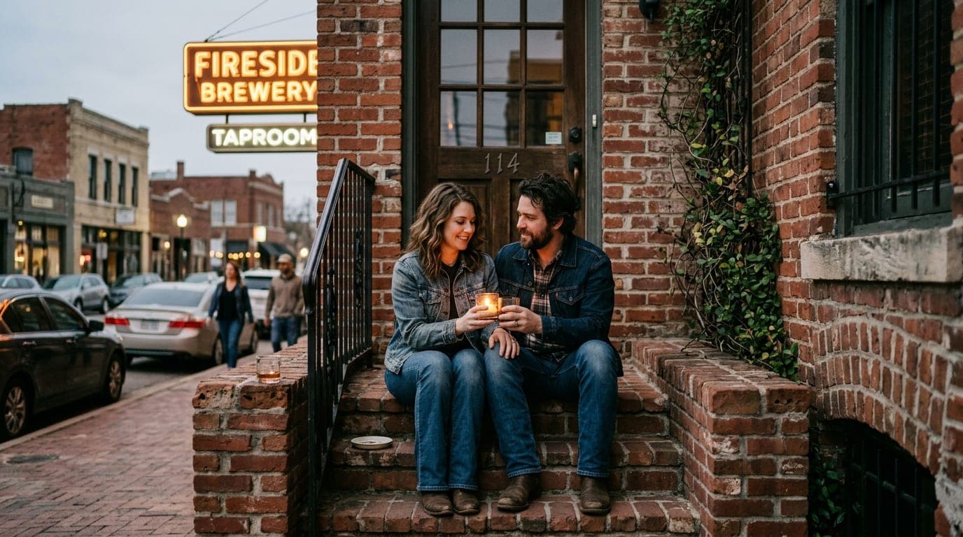 A couple in vintage denim sits symmetrically on a Near Southside brick stoop at dusk, sharing a single candlelit glass of...