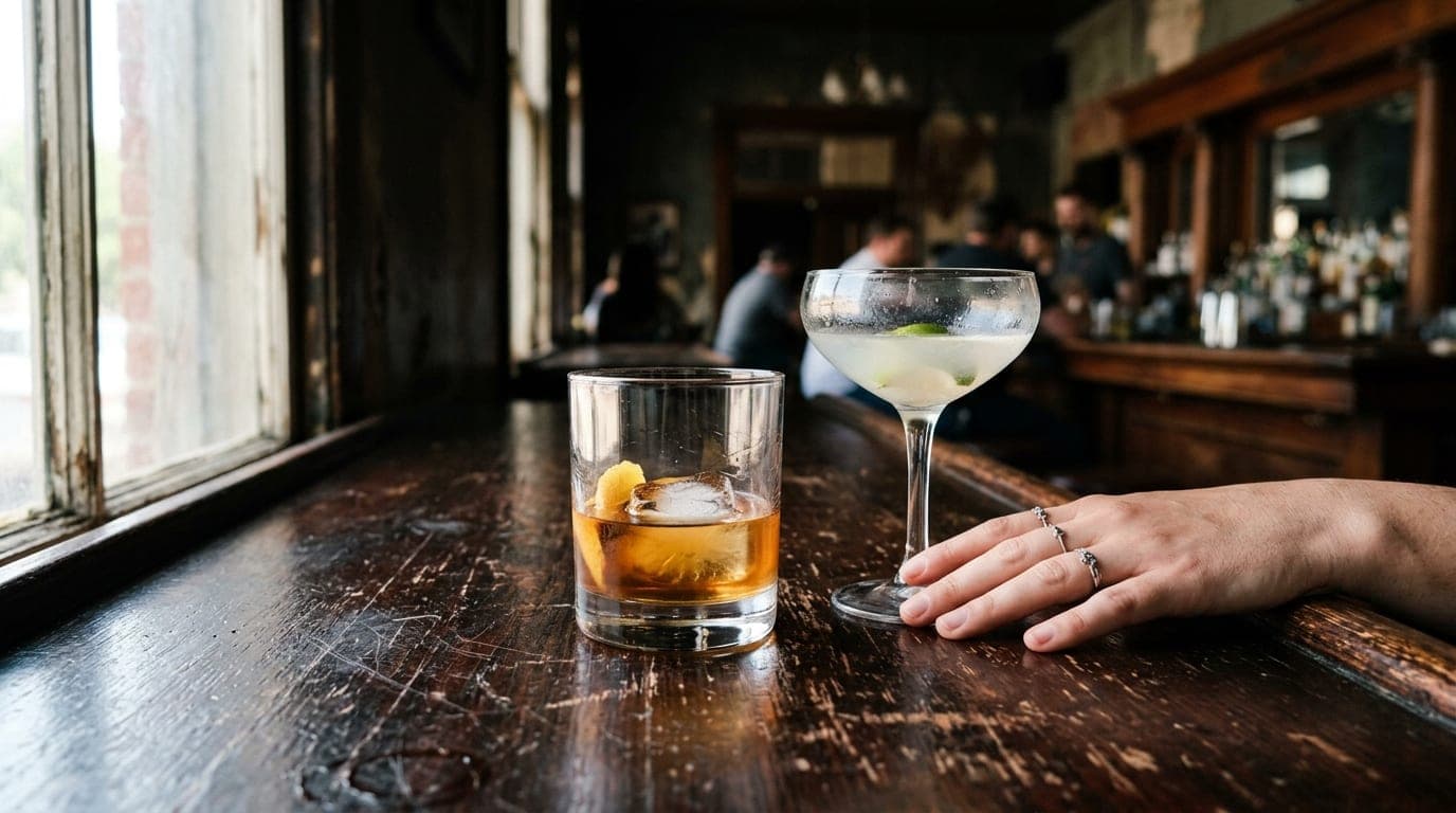 A close-up of two half-empty crystal cocktail glasses on a dark, scratched mahogany bar top inside a dim Near Southside lo...