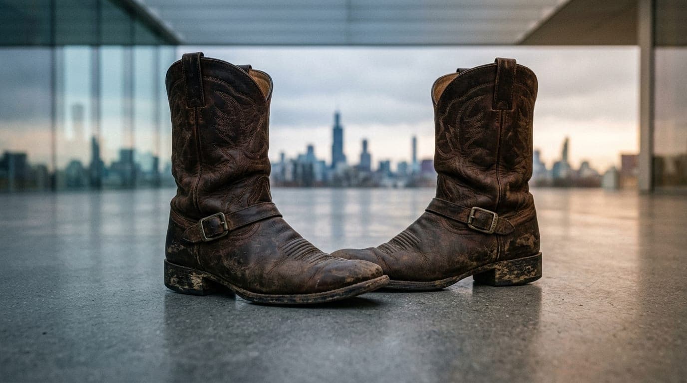 A 100mm macro overhead flat-lay of weathered leather cowboy boots resting on a sleek, polished concrete surface at the Mod...