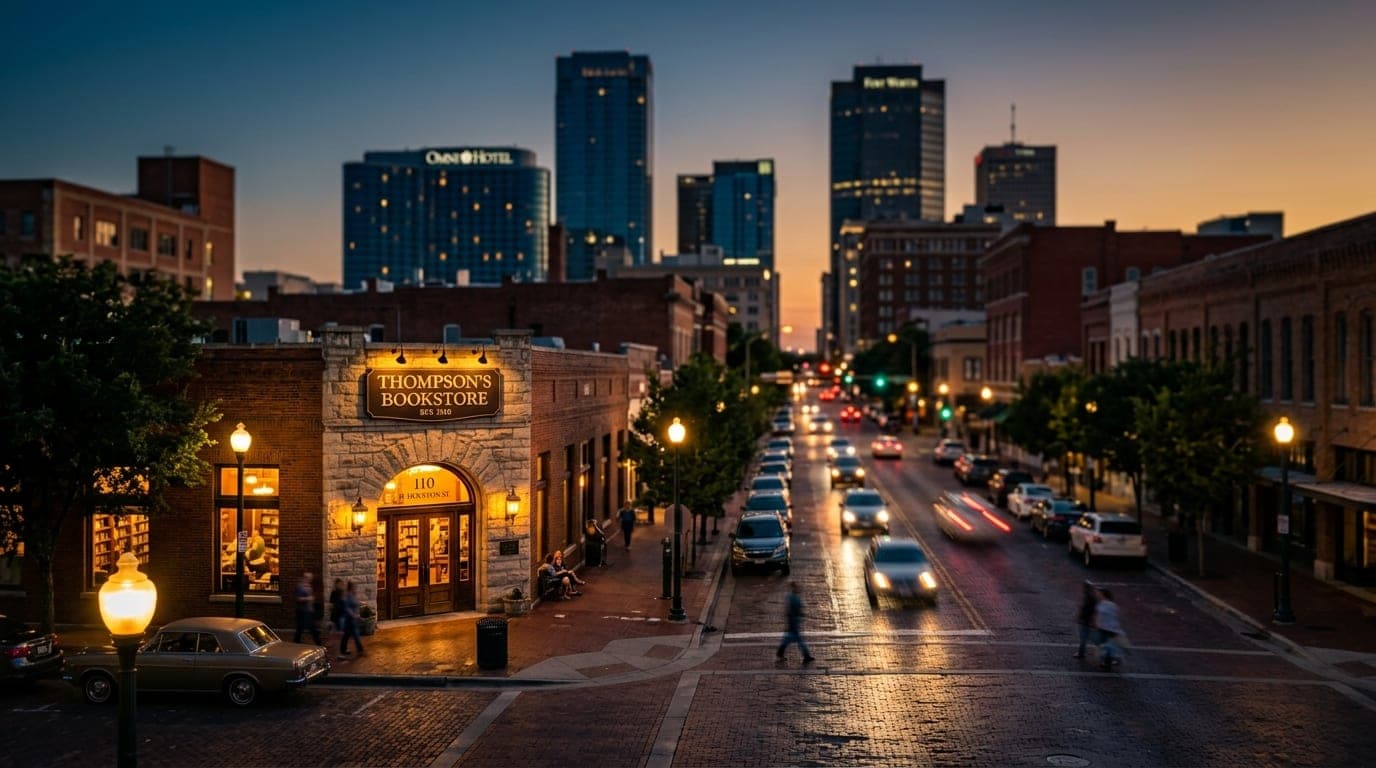 Wide establishing shot of downtown Fort Worth at dusk, tilt-shift focus highlighting the historic Thompson’s Bookstore ent...