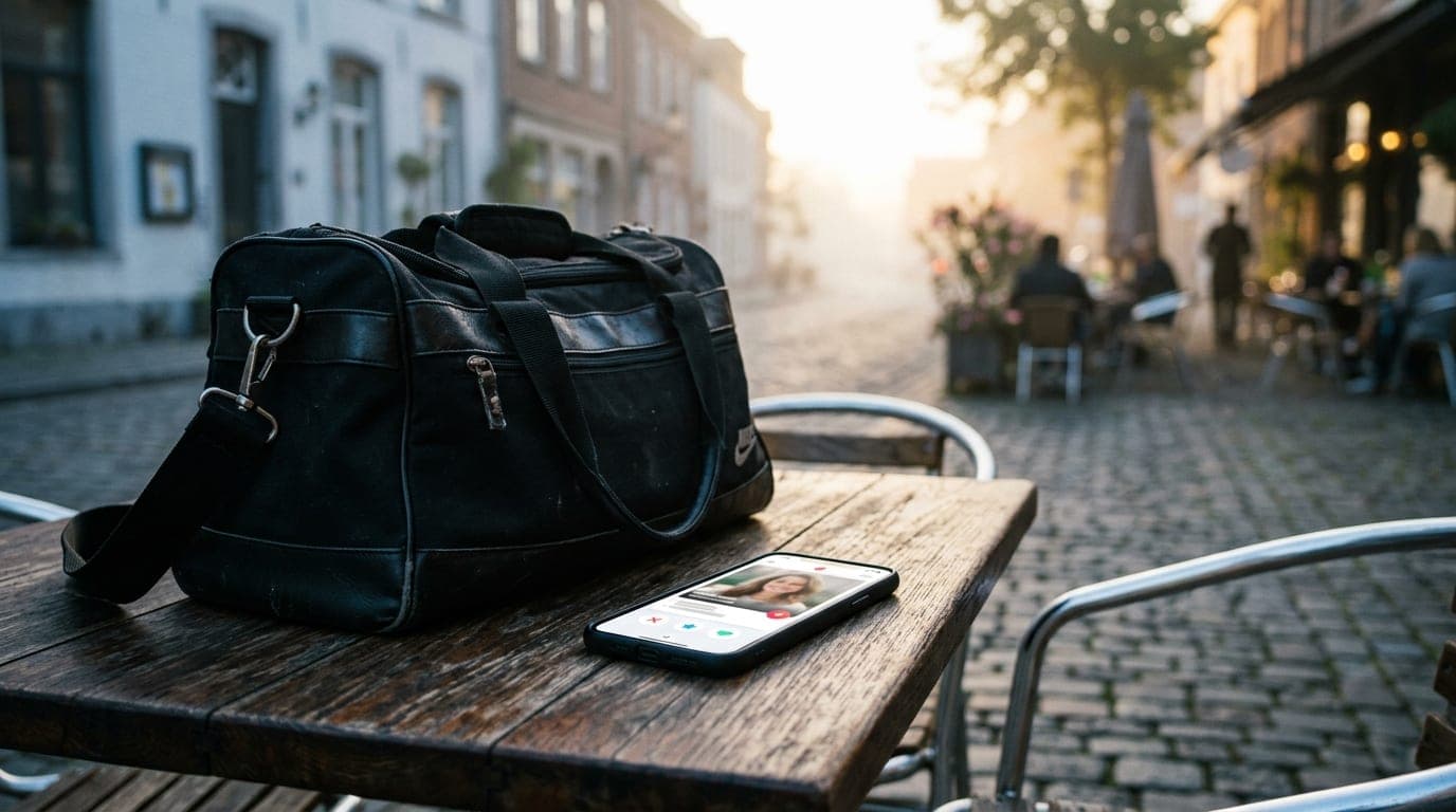 A low-angle hero shot of a gym bag and a sleek smartphone resting on a wooden cafe table in Warm Springs, selective focus...