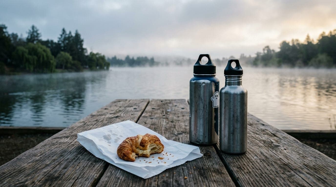 Overhead flat-lay, 35mm documentary style. On a weathered wooden picnic table at Lake Elizabeth, two stainless steel water...