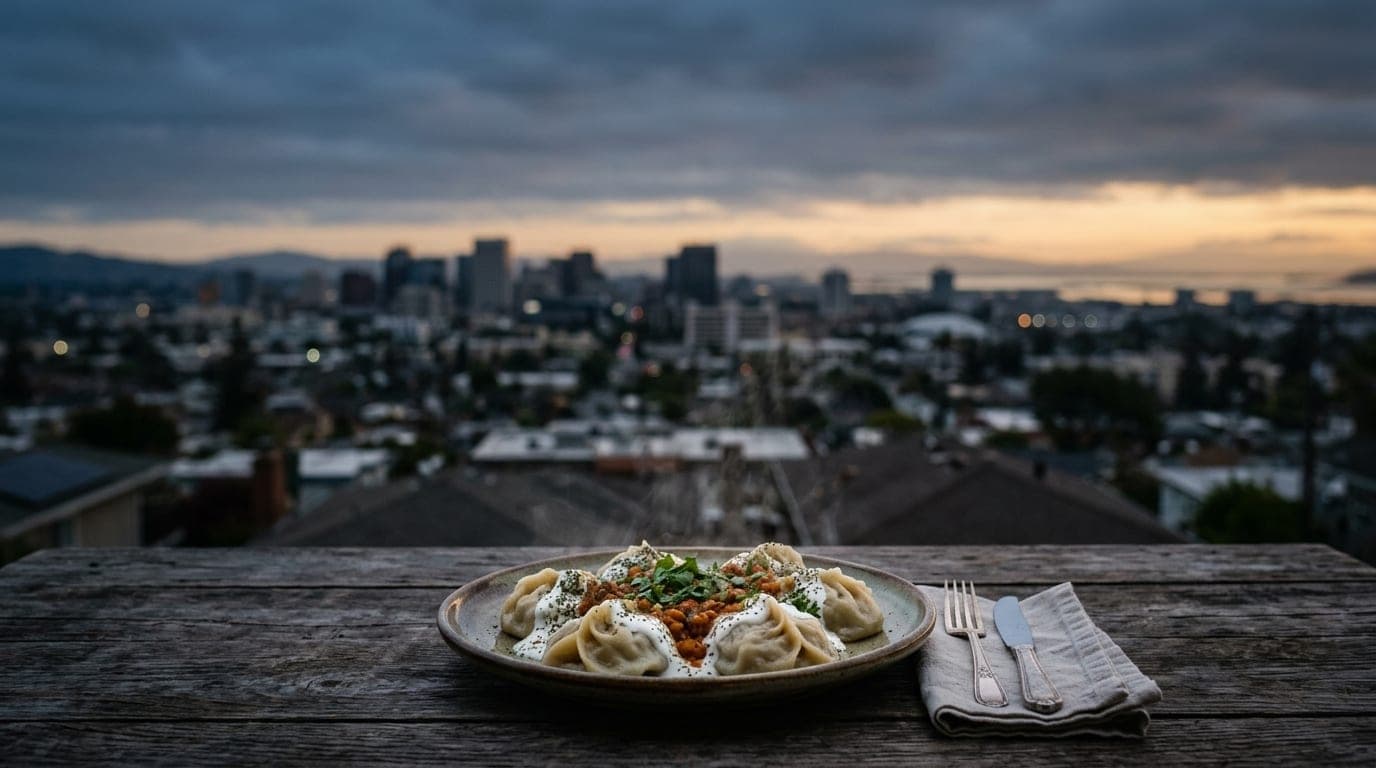 A steam-filled plate of Afghan dumplings sits on a rustic wooden table, with the expansive, overcast Fremont skyline blurr...