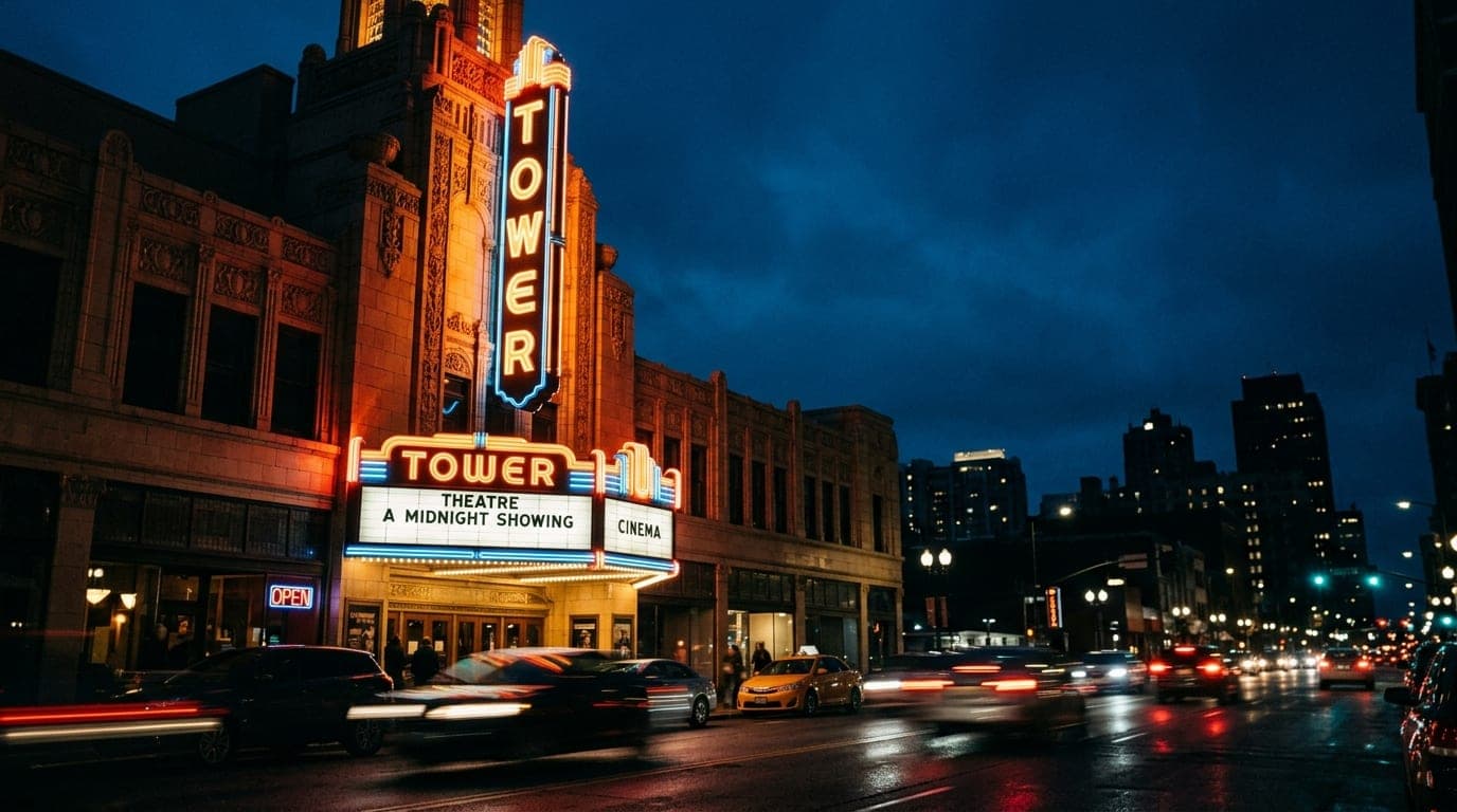 A low-angle, sharp-focus shot of the historic Tower Theatre’s glowing neon signage against a deep midnight sky. The iconic...