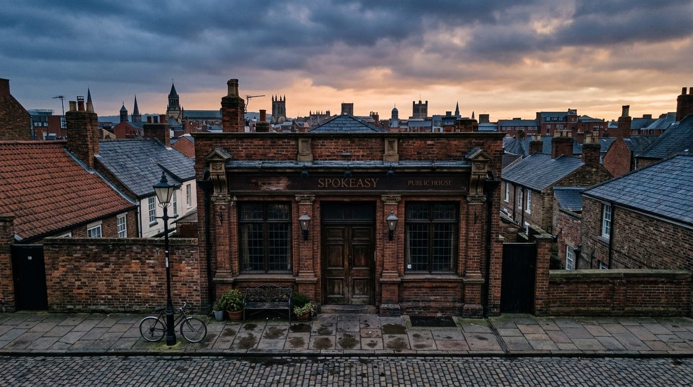 An overhead flat-lay shot of the Spokeasy Public House entrance at overcast dawn. Symmetric architecture, weathered brick...