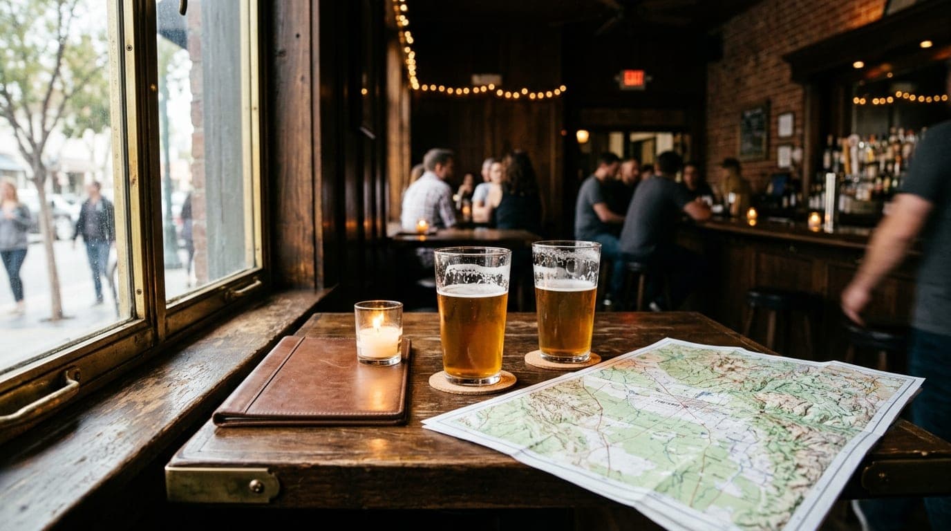A high-top table in a dim Tower District bar. Two half-poured craft beers sit beside a topographic map of Fresno, bathed i...