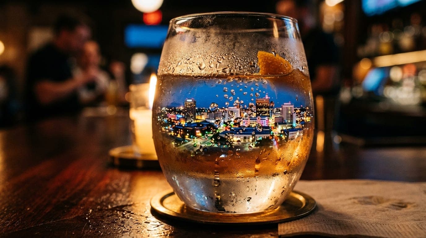 Extreme close-up macro of a single frosted cocktail glass at a dark bar. The city lights of downtown Fresno reflect sharpl...