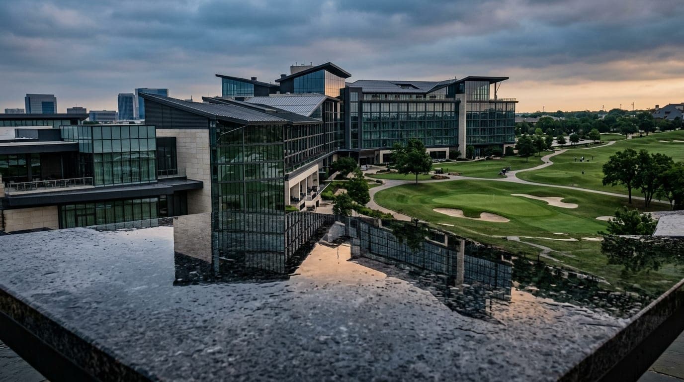 100mm macro overhead flat-lay of a polished, dark granite patio table surface at PGA Frisco under overcast morning light,...