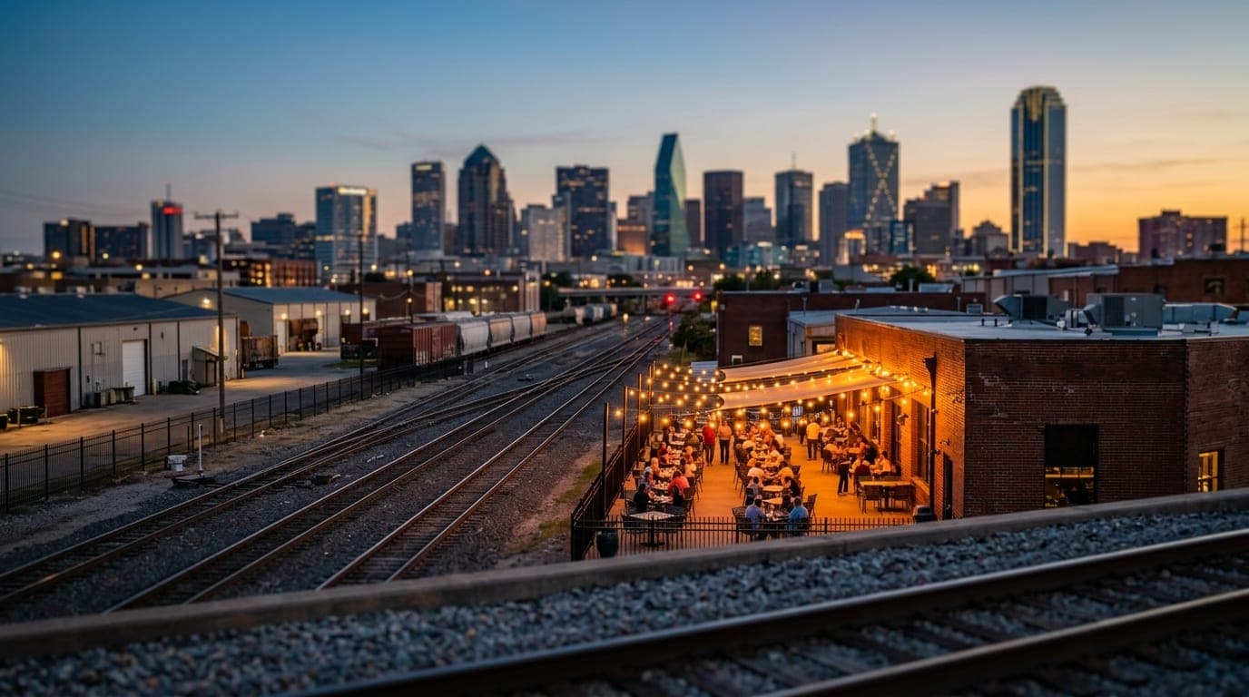 A wide establishing shot from the Rail District at dusk, using tilt-shift selective focus to emphasize a glowing, tungsten...