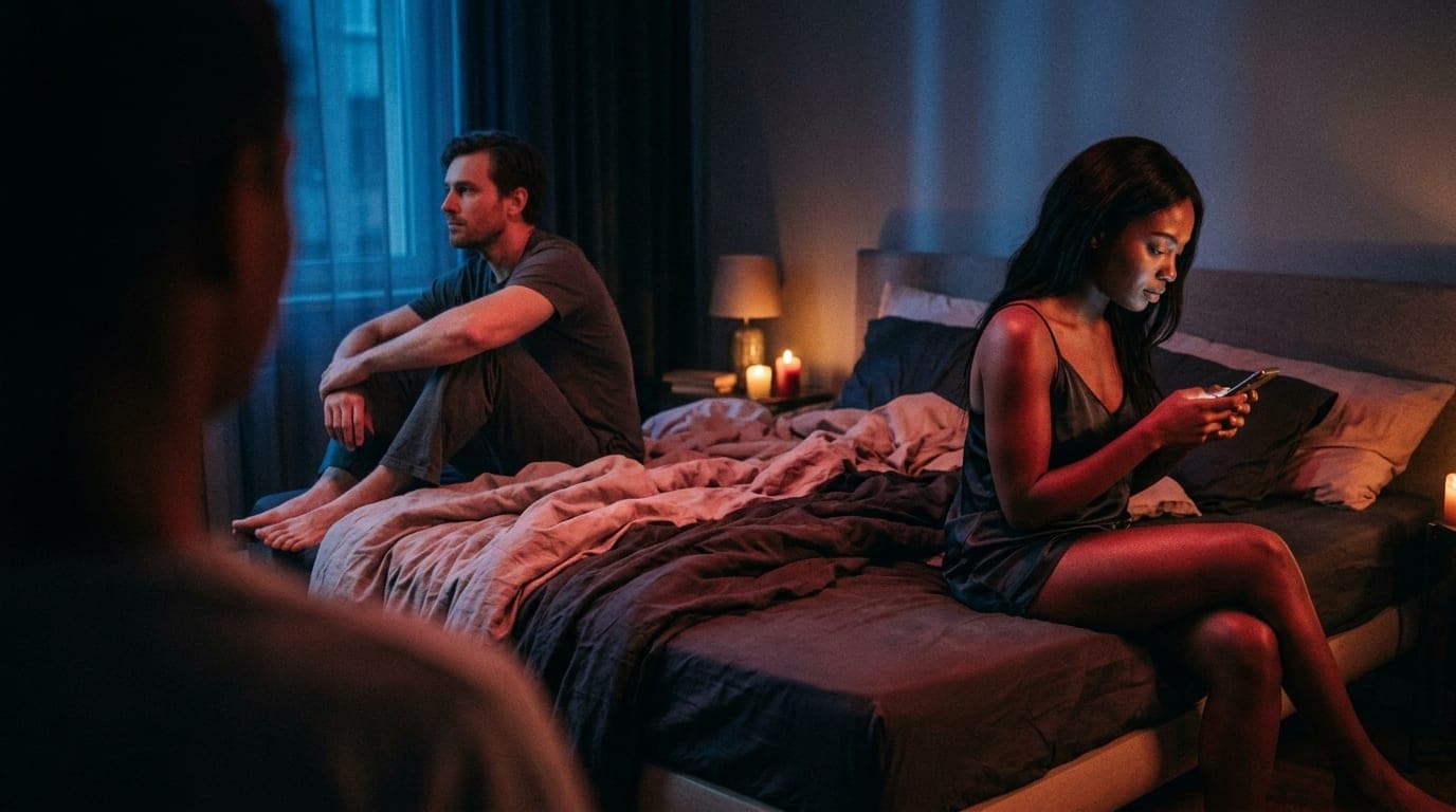 A diverse couple sits on opposite edges of a disheveled bed during blue hour. The woman checks a smartphone while the man...