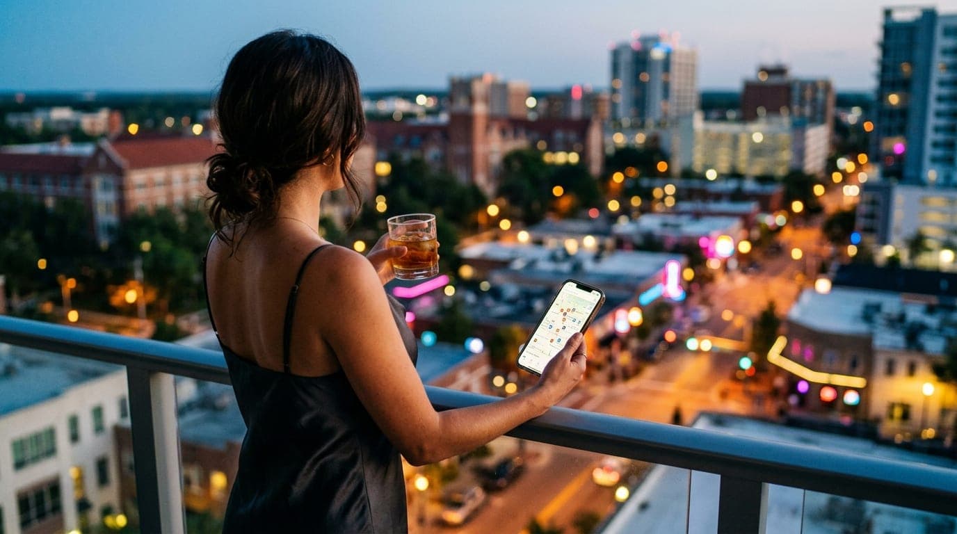 A woman in a silk slip dress stands on a balcony at blue hour, holding a drink. Behind her, the blurred Gainesville skylin...
