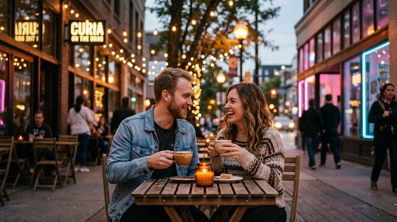 A centered medium shot of two people sitting at a candle-lit outdoor table at Curia on the Drag, sharing a craft coffee, w...