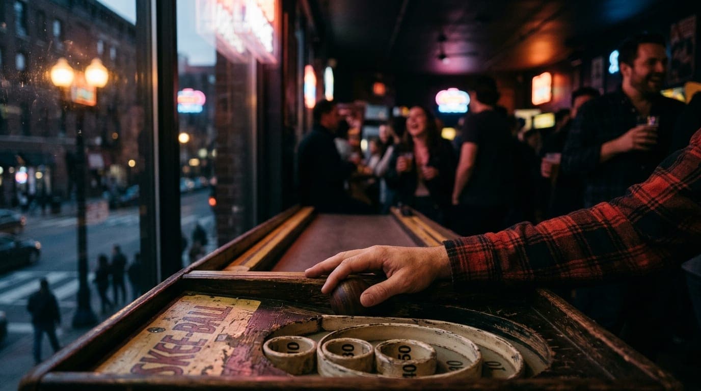 A close-up shot of a vintage Skee-ball game cabinet in a dimly lit arcade. A man’s hand in a flannel shirt rests on the ba...