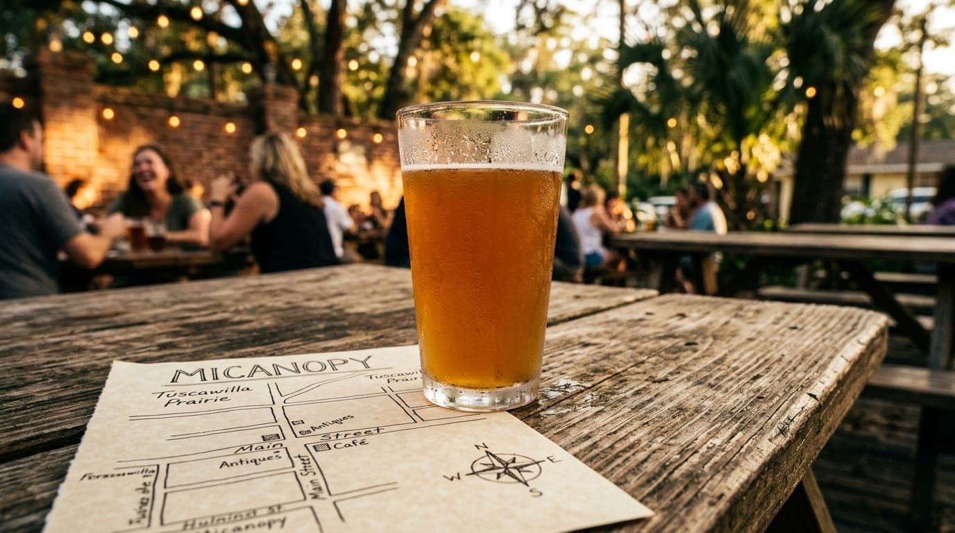 Golden hour, tilt-shift focus on a weathered wooden cafe table at The Loosey’s. A sweat-beaded pint of craft beer sits bes...
