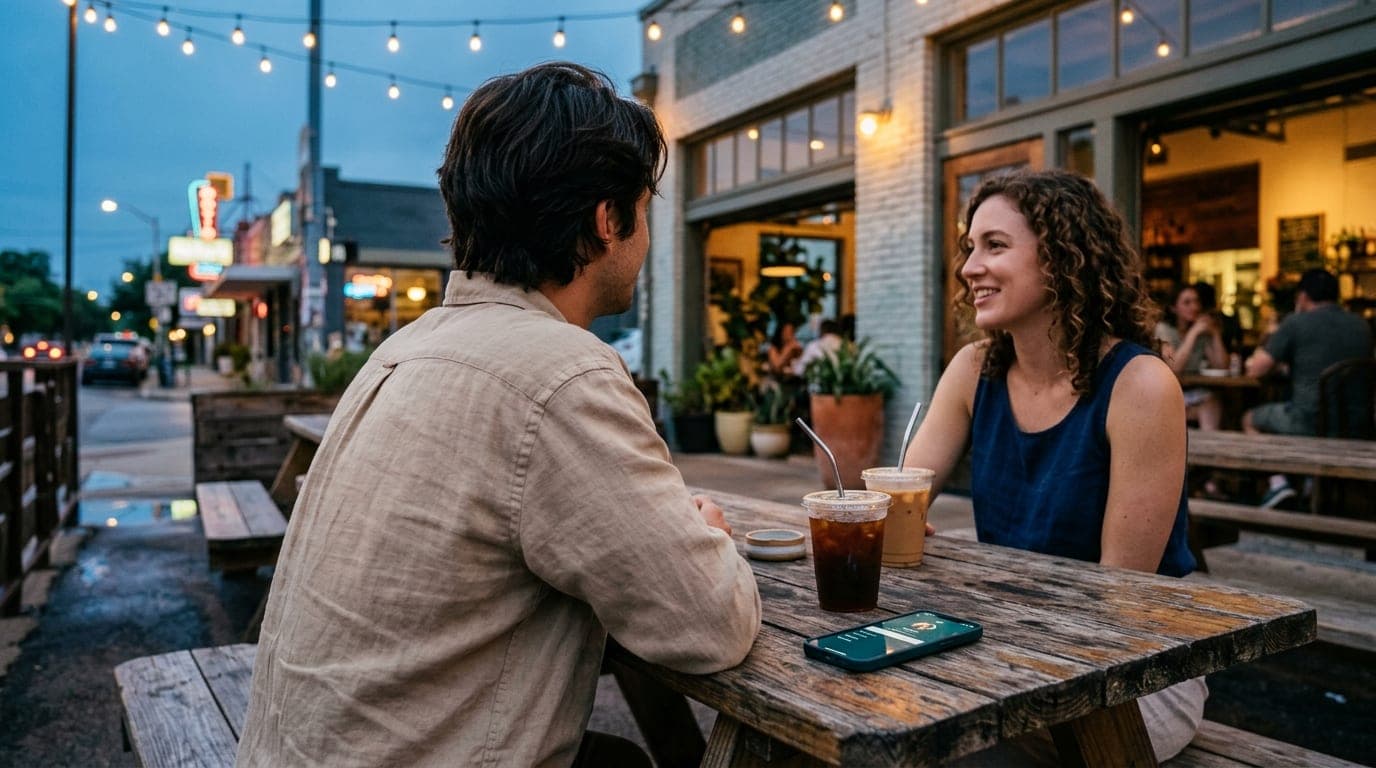 Blue hour at Curia on the Drag. A couple in casual linen sits at a weathered picnic table under string lights. An open Fee...