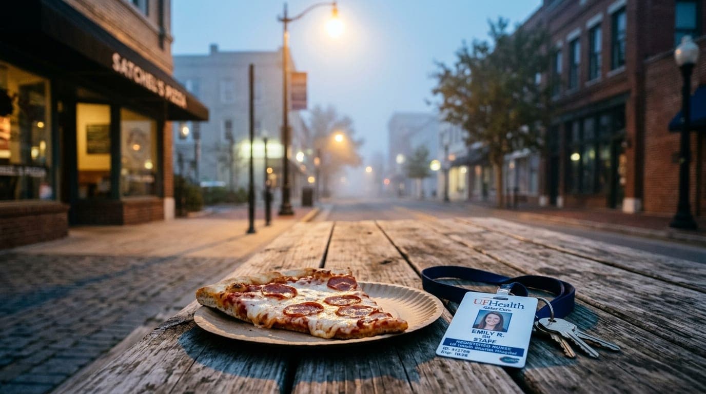 Low-angle hero shot, 24mm wide-angle, centered symmetry. A slice of Satchel’s pizza and a UF Health ID badge rest on a woo...