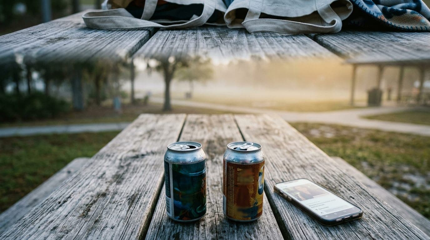 An overhead flat-lay on a weathered wooden picnic table at Depot Park. Two half-empty craft beer cans sit beside a Hinge p...